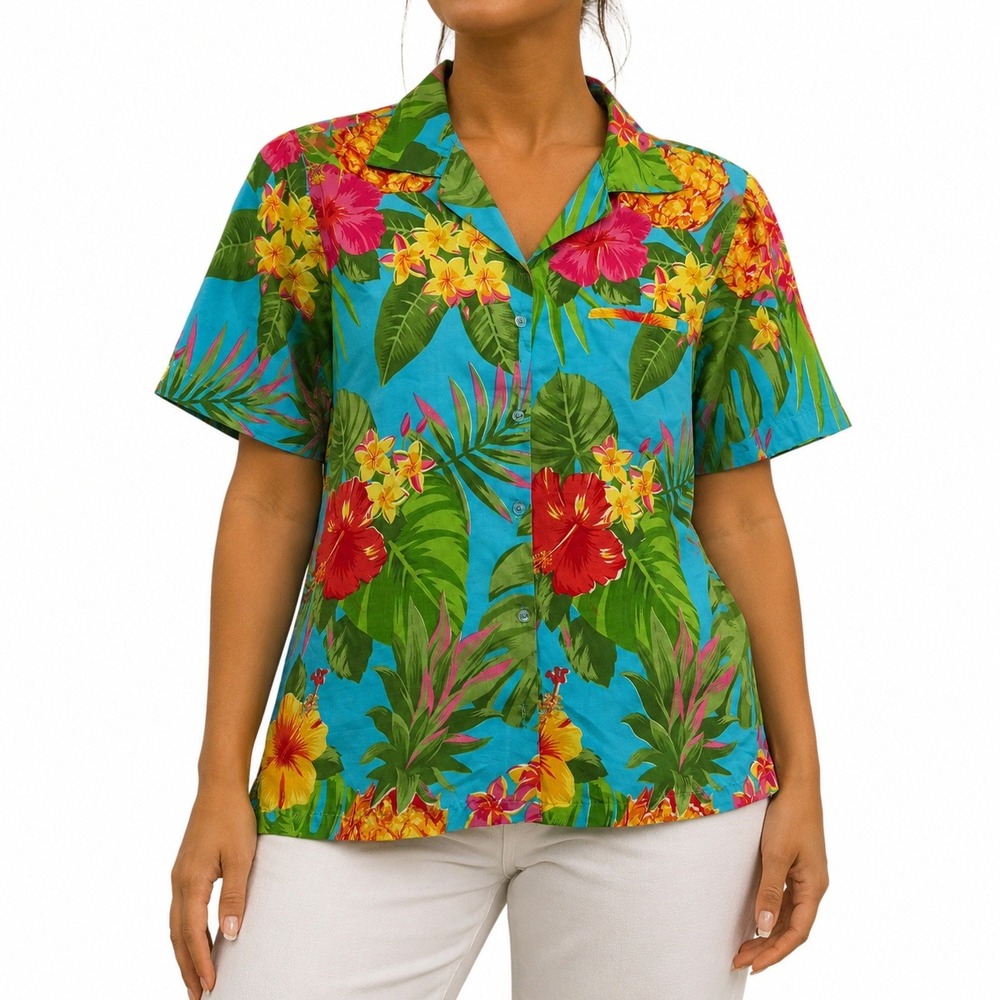 King Kameha Hawaiian Shirt Womens 2XL Blue Tropical Hibiscus Pineapple Polyester